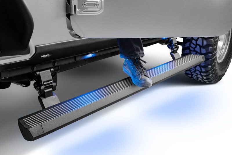 Jeep Wrangler Electric Running Boards - Go Rhino - VoltStep E1 Retractable, Dual-Motor, 6-inch, LED Lighting - Textured Black - `18-`24